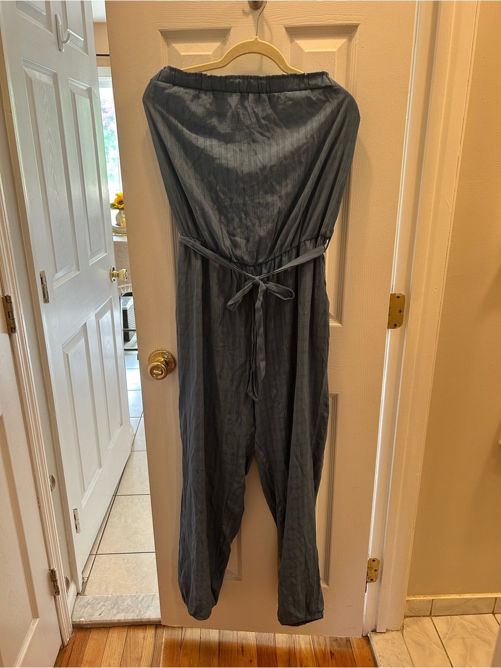 Women's Strapless Slate Blue Jumpsuit with Tie Waist